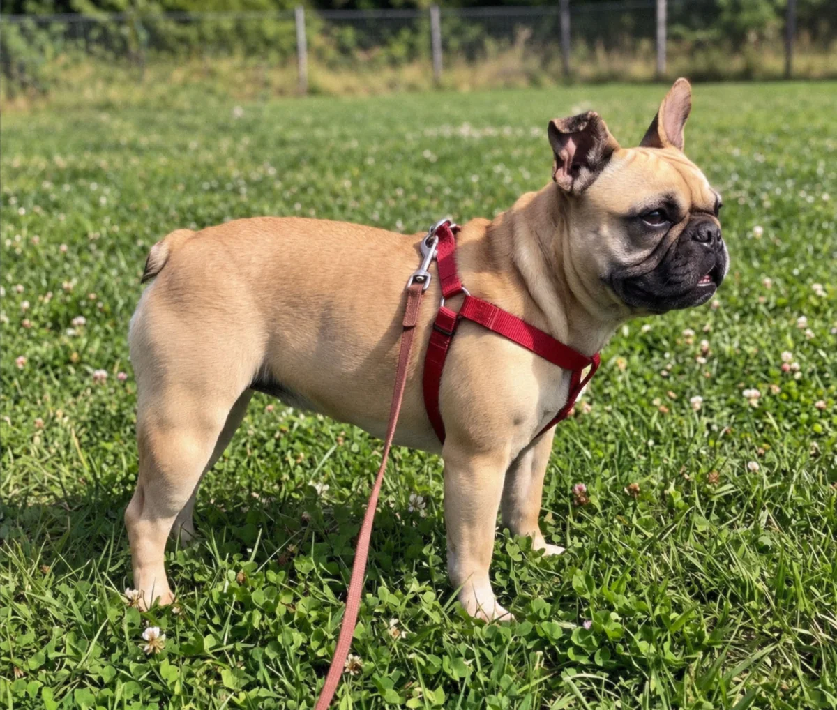 Luna today, healthy, standing in a green field in a red harness.